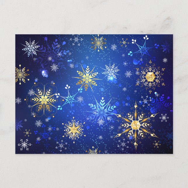 XMAS Blue Background with Golden Snowflakes Postcard (Front)