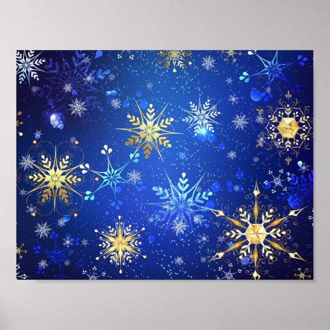 XMAS Blue Background with Golden Snowflakes Poster (Front)