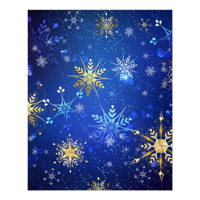 XMAS Blue Background with Golden Snowflakes Poster (Front)