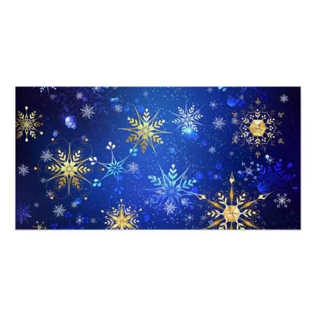 XMAS Blue Background with Golden Snowflakes Poster (Front)