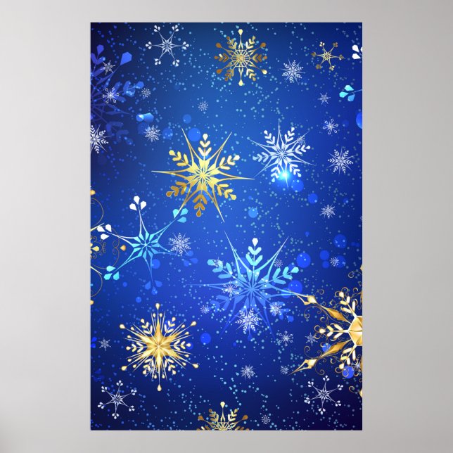 XMAS Blue Background with Golden Snowflakes Poster (Front)