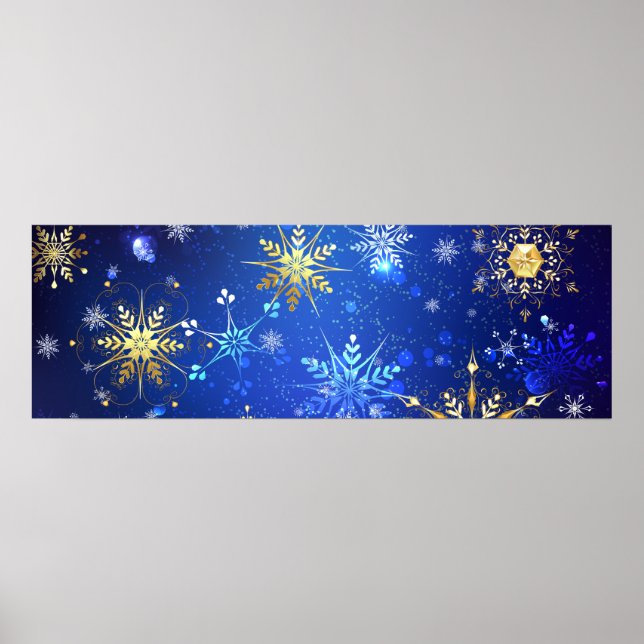 XMAS Blue Background with Golden Snowflakes Poster (Front)