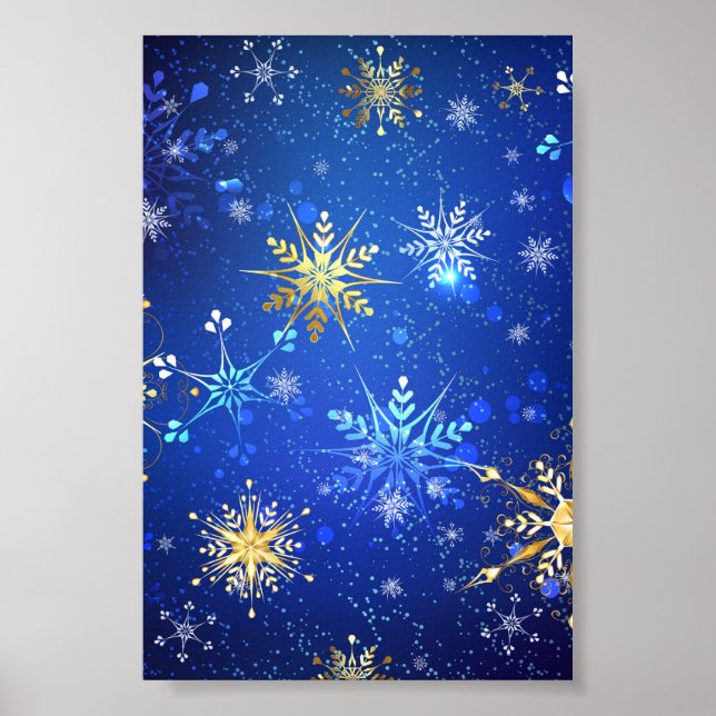 XMAS Blue Background with Golden Snowflakes Poster (Front)