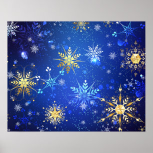 XMAS Blue Background with Golden Snowflakes Poster