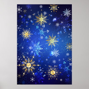XMAS Blue Background with Golden Snowflakes Poster