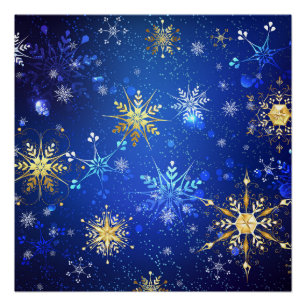 XMAS Blue Background with Golden Snowflakes Poster
