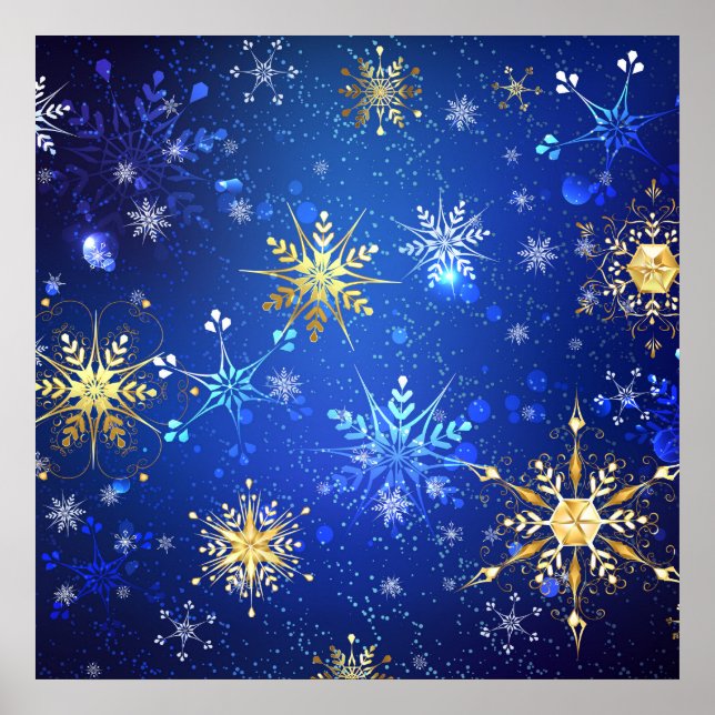 XMAS Blue Background with Golden Snowflakes Poster (Front)