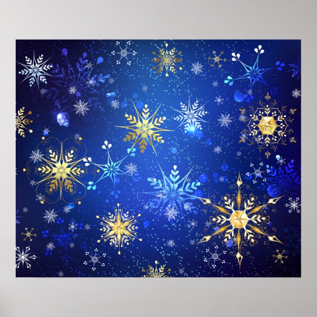 XMAS Blue Background with Golden Snowflakes Poster (Front)