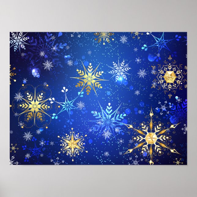 XMAS Blue Background with Golden Snowflakes Poster (Front)