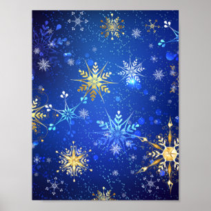 XMAS Blue Background with Golden Snowflakes Poster
