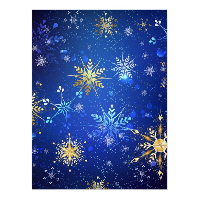 XMAS Blue Background with Golden Snowflakes Poster (Front)