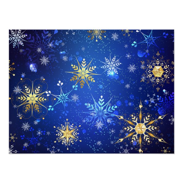 XMAS Blue Background with Golden Snowflakes Poster (Front)