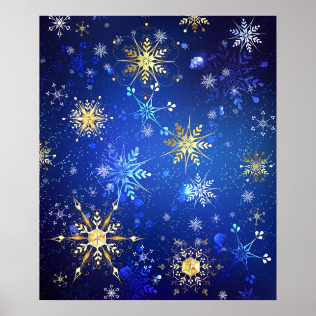 XMAS Blue Background with Golden Snowflakes Poster (Front)