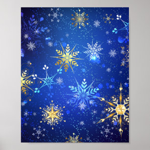 XMAS Blue Background with Golden Snowflakes Poster