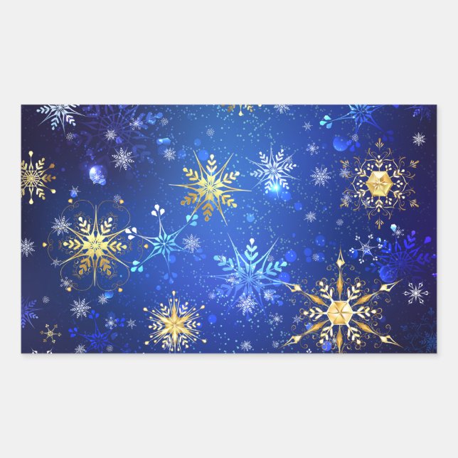 XMAS Blue Background with Golden Snowflakes Rectangular Sticker (Front)