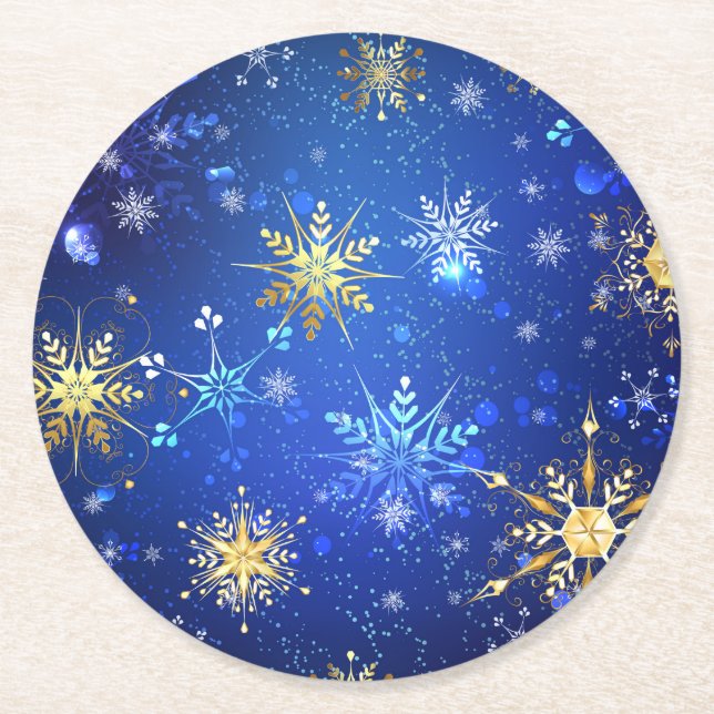 XMAS Blue Background with Golden Snowflakes Round Paper Coaster (Front)