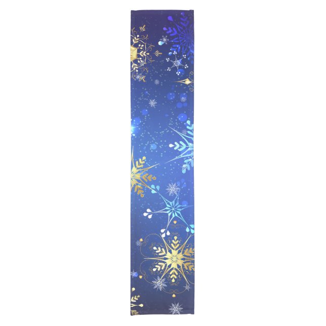 XMAS Blue Background with Golden Snowflakes Short Table Runner (Front)
