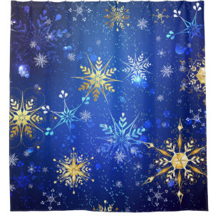 XMAS Blue Background with Golden Snowflakes Shower Curtain