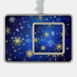 XMAS Blue Background with Golden Snowflakes Silver Plated Framed Ornament