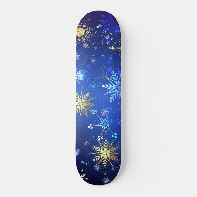 XMAS Blue Background with Golden Snowflakes Skateboard (Front)