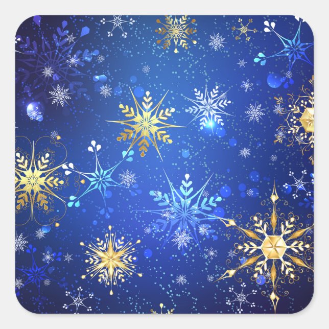 XMAS Blue Background with Golden Snowflakes Square Sticker (Front)