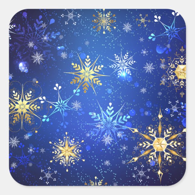 XMAS Blue Background with Golden Snowflakes Square Sticker (Front)