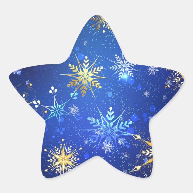 XMAS Blue Background with Golden Snowflakes Star Sticker (Front)