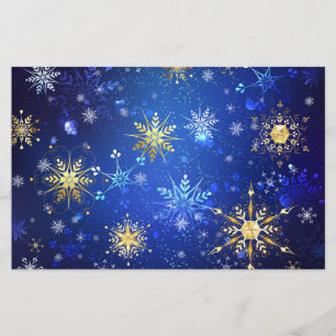 XMAS Blue Background with Golden Snowflakes Stationery