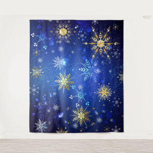XMAS Blue Background with Golden Snowflakes Tapestry