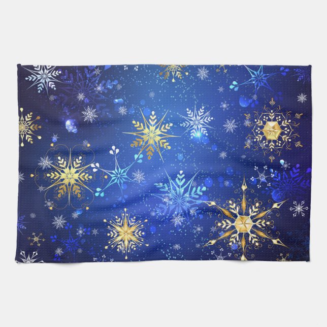XMAS Blue Background with Golden Snowflakes Tea Towel (Horizontal)