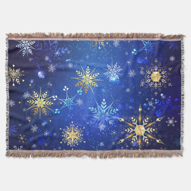 XMAS Blue Background with Golden Snowflakes Throw Blanket (Front)