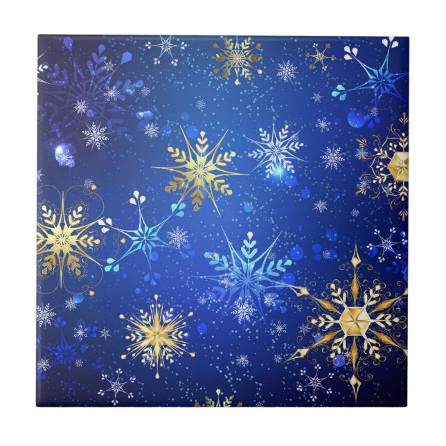 XMAS Blue Background with Golden Snowflakes Tile (Front)