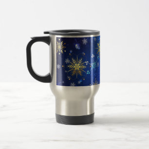XMAS Blue Background with Golden Snowflakes Travel Mug