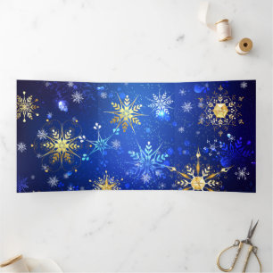 XMAS Blue Background with Golden Snowflakes Tri-Fold Holiday Card