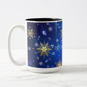 XMAS Blue Background with Golden Snowflakes Two-Tone Coffee Mug