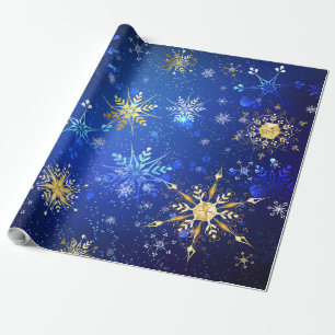 XMAS Blue Background with Golden Snowflakes Wrapping Paper
