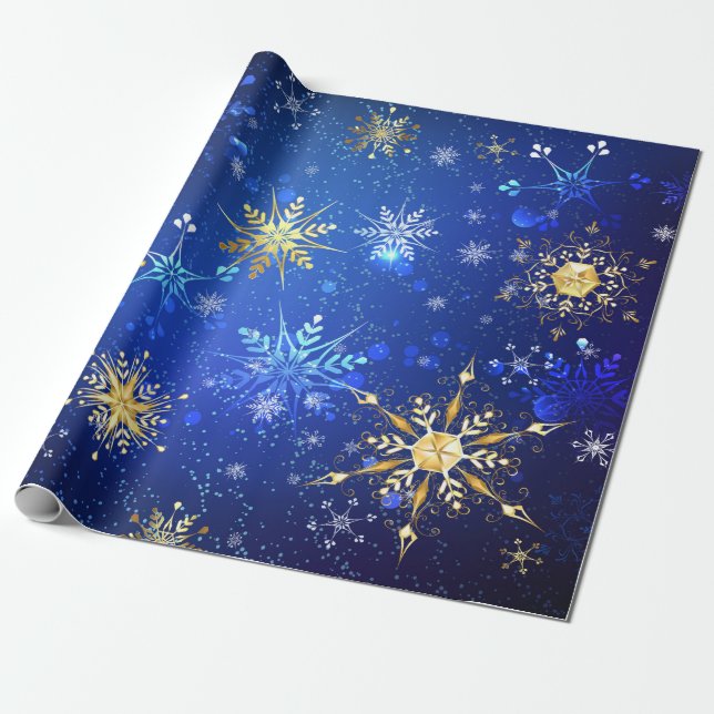 XMAS Blue Background with Golden Snowflakes Wrapping Paper (Unrolled)