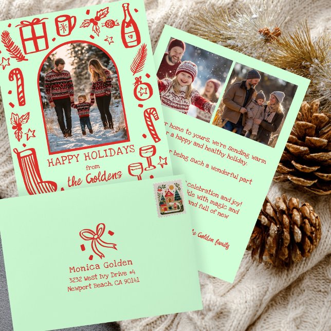 Xmas Bow Doodle CHRISTMAS Holiday Return Address Envelope (Xmas Bow Doodle CHRISTMAS Holiday Green Red CUSTOM Address Envelope
)