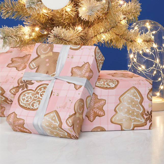 Xmas Brown Gingerbread Men Hearts Stars Trees Pink Wrapping Paper (Creator Uploaded)