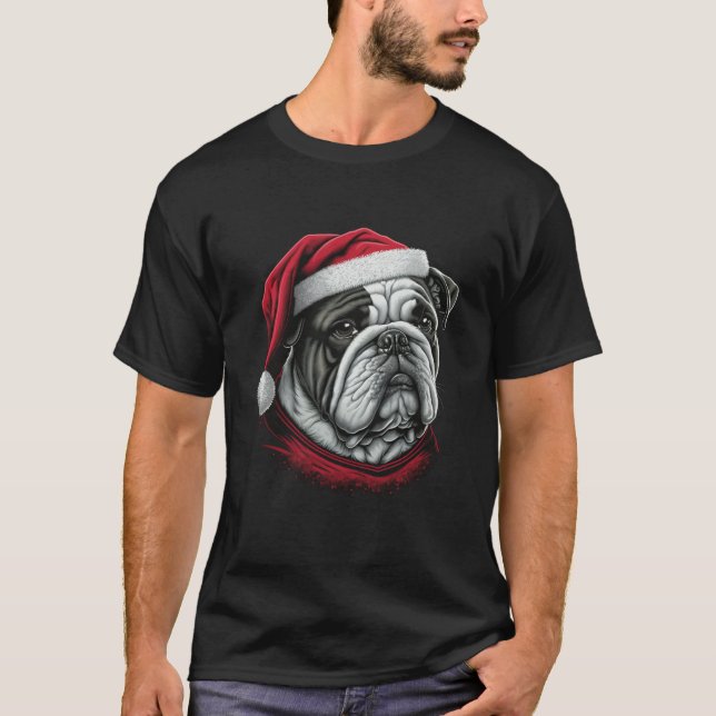 Xmas Bulldog Santa on Christmas Bulldog  T-Shirt (Front)