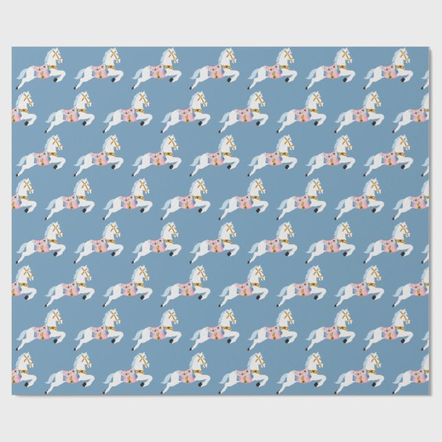 Xmas candy horses pattern blue wrapping paper (Flat)