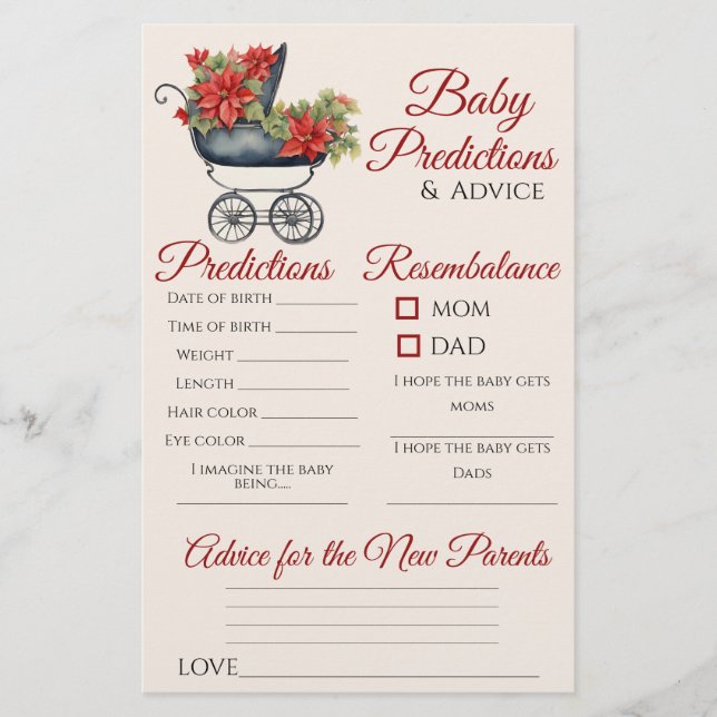 Xmas Carriage Baby Shower Predictions Advice Card (Front)