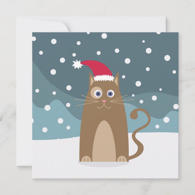 Xmas cat in snow forest, santa hat kitty card (Front)