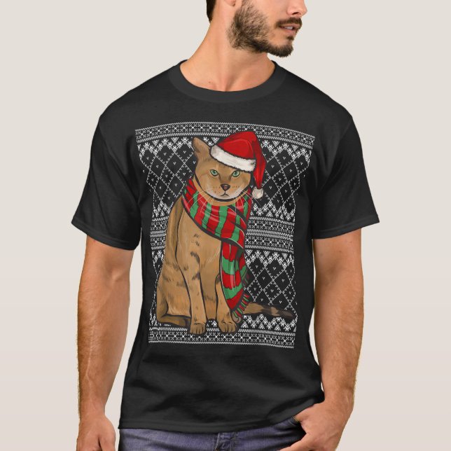 Xmas Chausie Cat Santa Claus Hat Ugly C T-Shirt (Front)