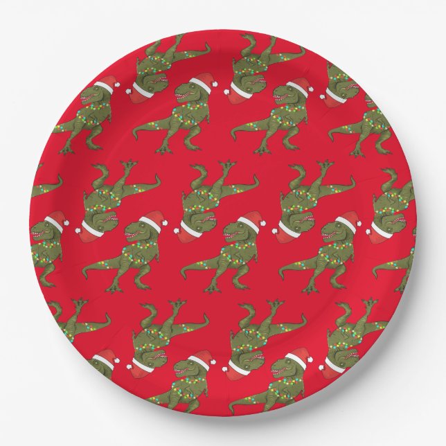 Xmas Christmas Dino T-Rex Santa Plate (Front)