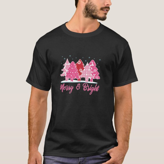 Xmas Christmas Merry and Bright Fir Tree Pink  T-Shirt (Front)