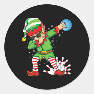 Xmas Dabbing Elf Bowling Ll And Pins Christmas Bow Classic Round Sticker