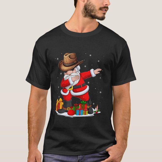 Xmas Decor Cowboy Hat Dabbing Santa Claus Christma T-Shirt (Front)