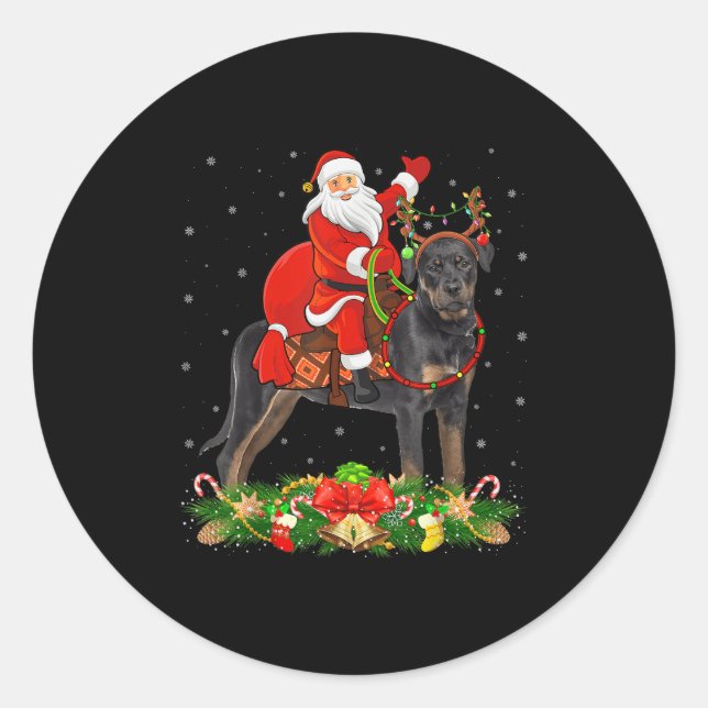 Xmas Decor Funny Santa Riding Rottweiler Dog Chris Classic Round Sticker (Front)