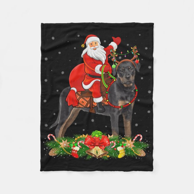 Xmas Decor Funny Santa Riding Rottweiler Dog Chris Fleece Blanket (Front)